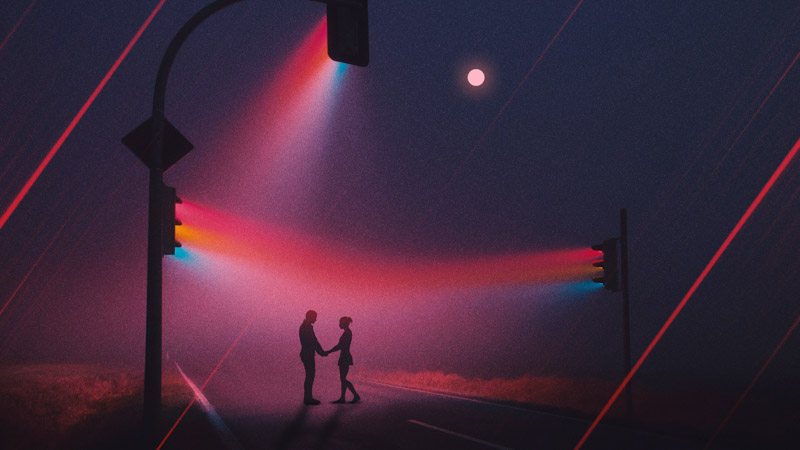 Couple Silhouette Traffic Lights Night Romantic Focus 3840X21 Wallpaper