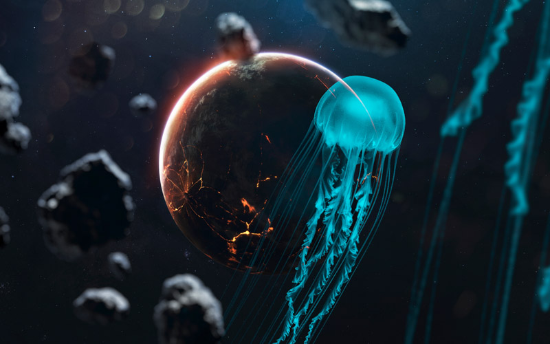 Planet Outer Space Jellyfish Asteroids Cosmos Astronomy Wallpaper