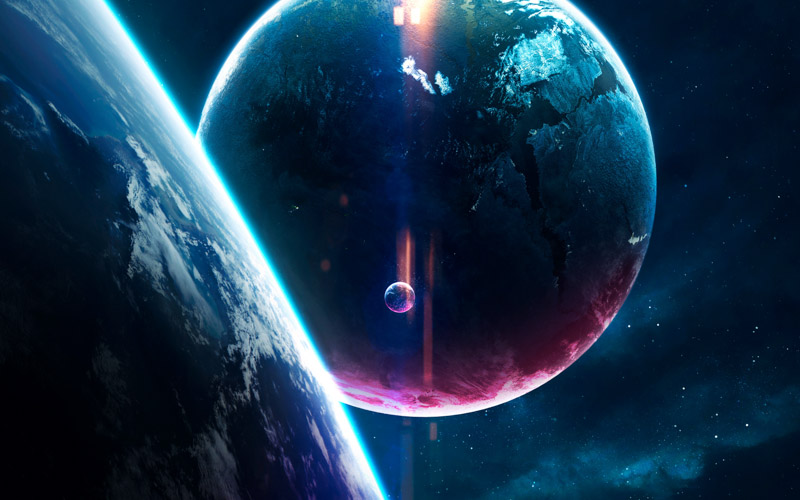 Planets Earth Purple Blue Stars Horizon Wallpaper