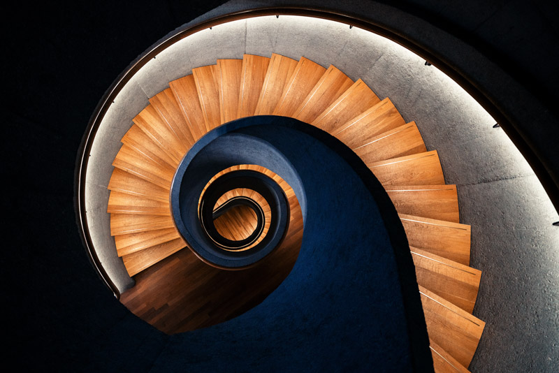 Spiral Staircase Wooden Stairs Swirling Vortex 5K Wallpaper